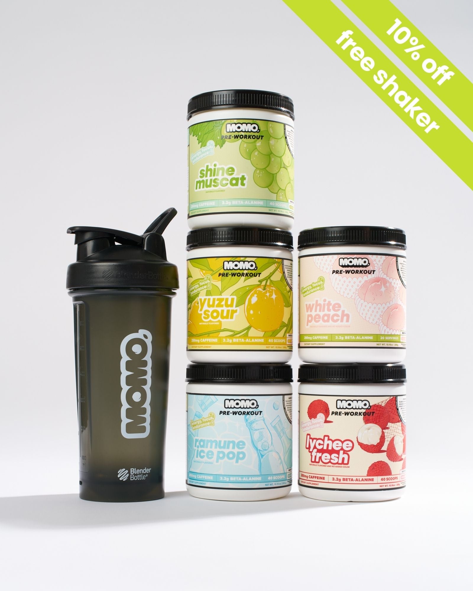 10% off 5 pre-workouts and also get 1 free momo x blenderbottle shaker