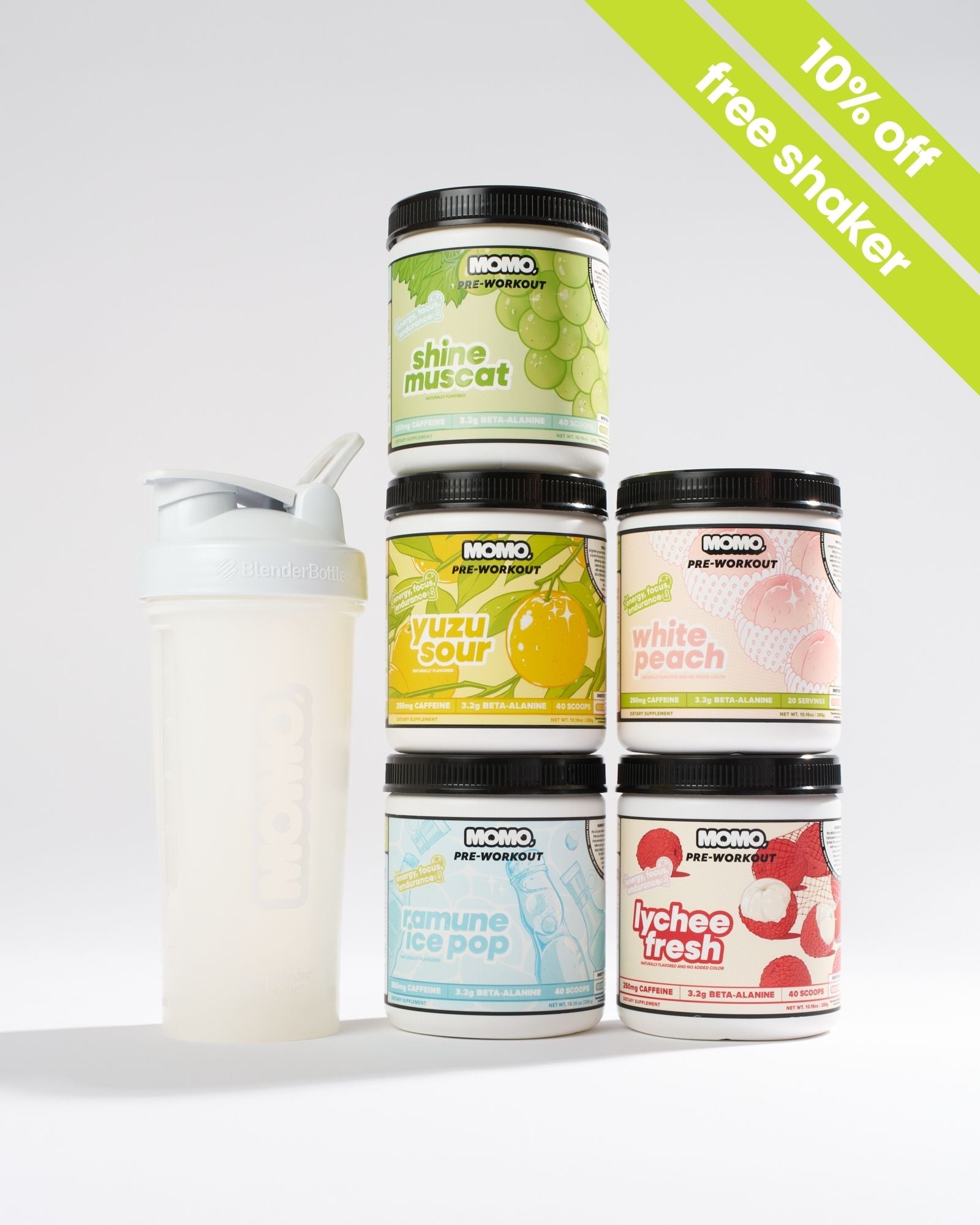 10% off 5 pre-workouts and also get 1 free momo x blenderbottle shaker