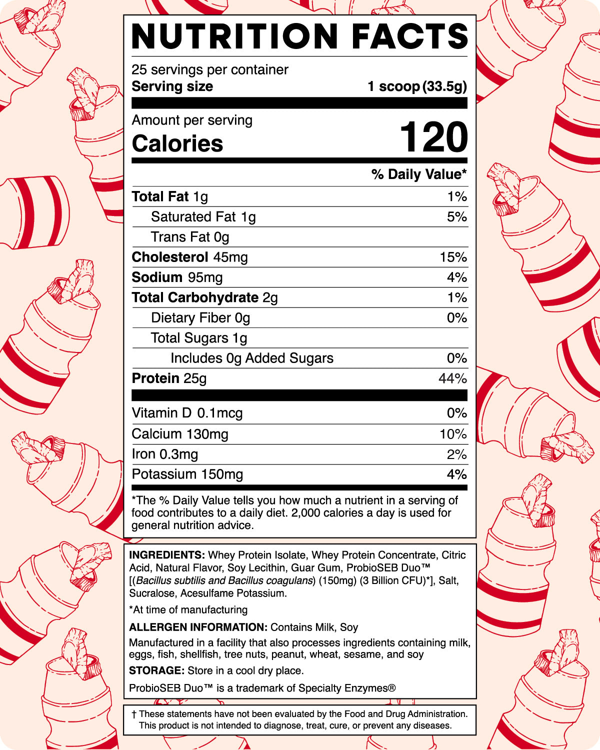 Nutrition Facts Panel, 25 servings, 1 scoop of 33.5g per serving, 120 calories, 1g fat, 2g carbohydrates, 25g protein