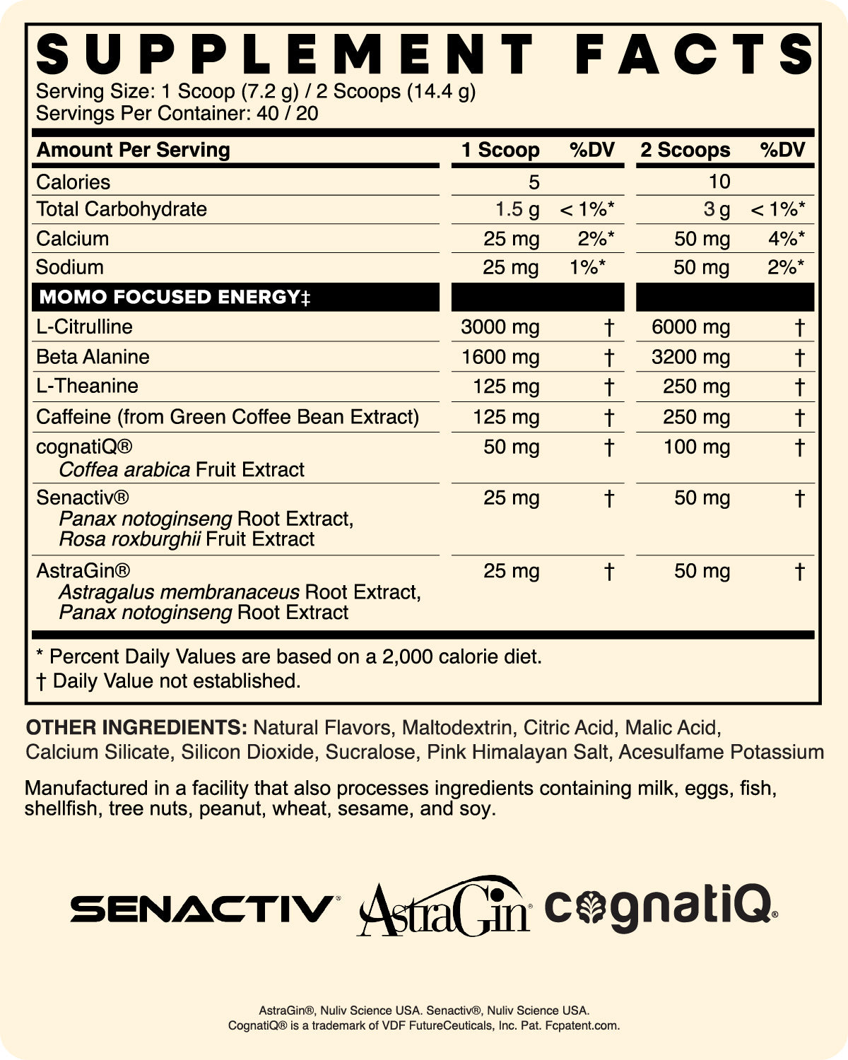 The Supplement Facts for MOMO Lychee Fresh Flavored Pre-Workout. For those using a screen reader, details can be read from the "Transparent Formulation" expandable tab.