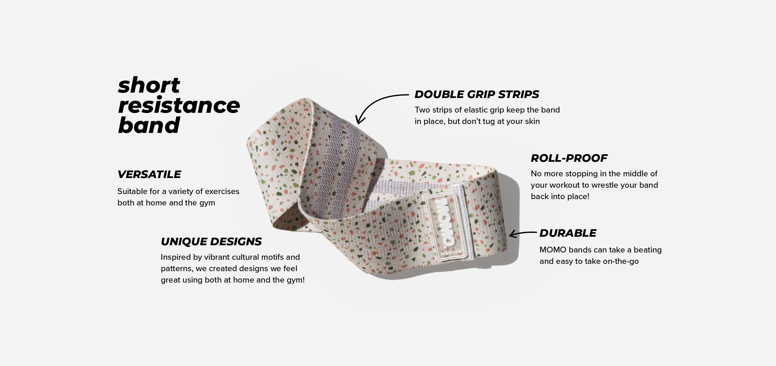 Informational image with bullet points highlighting features of a MOMO short resistance glute band