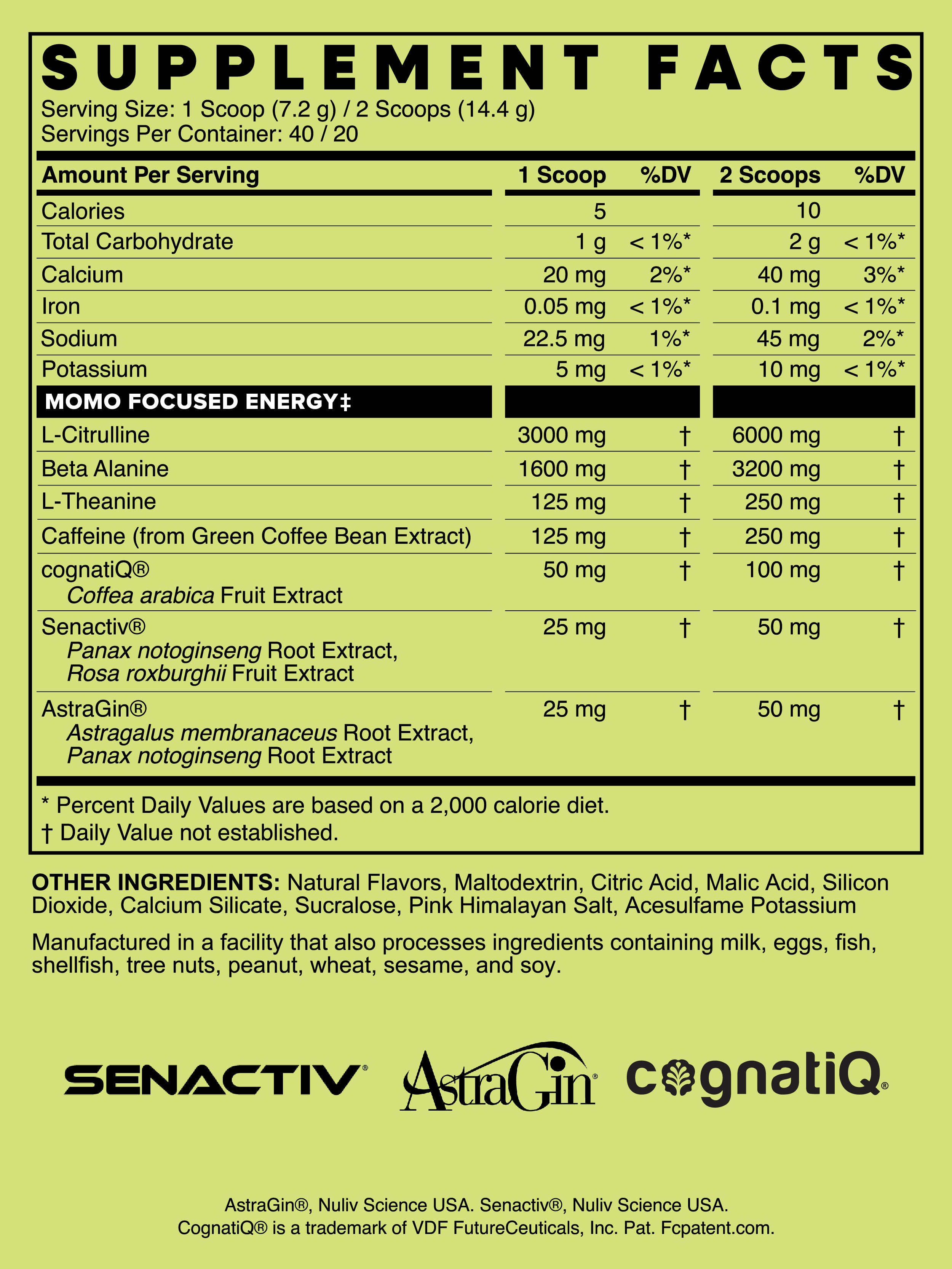The Supplement Facts for MOMO White Peach Flavored Pre-Workout. For those using a screenreader, details can be read from the "Transparent Formulation" expandable tab.