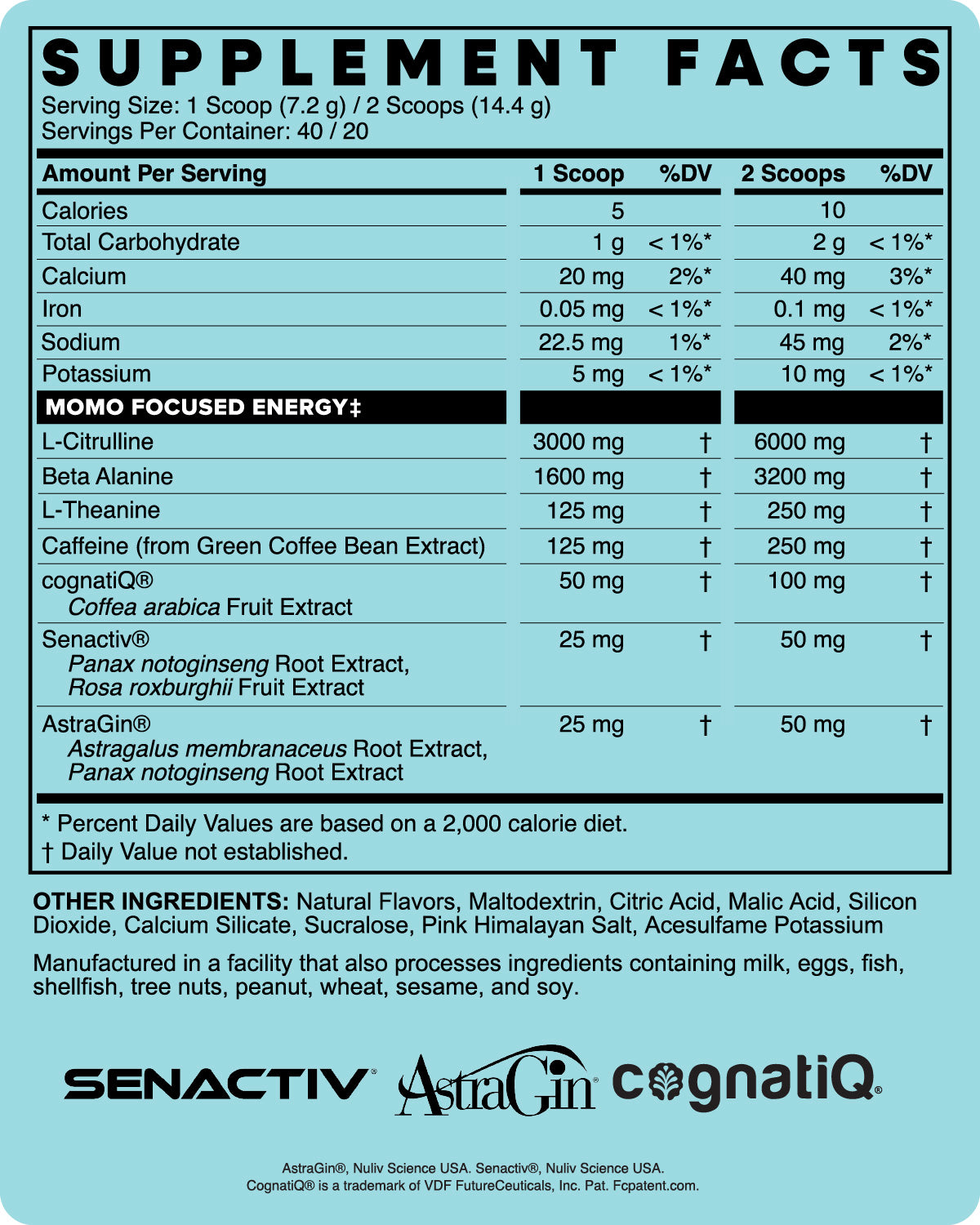 The Supplement Facts for MOMO Ramune Ice Pop Flavored Pre-Workout. For those using a screen reader, details can be read from the "Transparent Formulation" expandable tab.