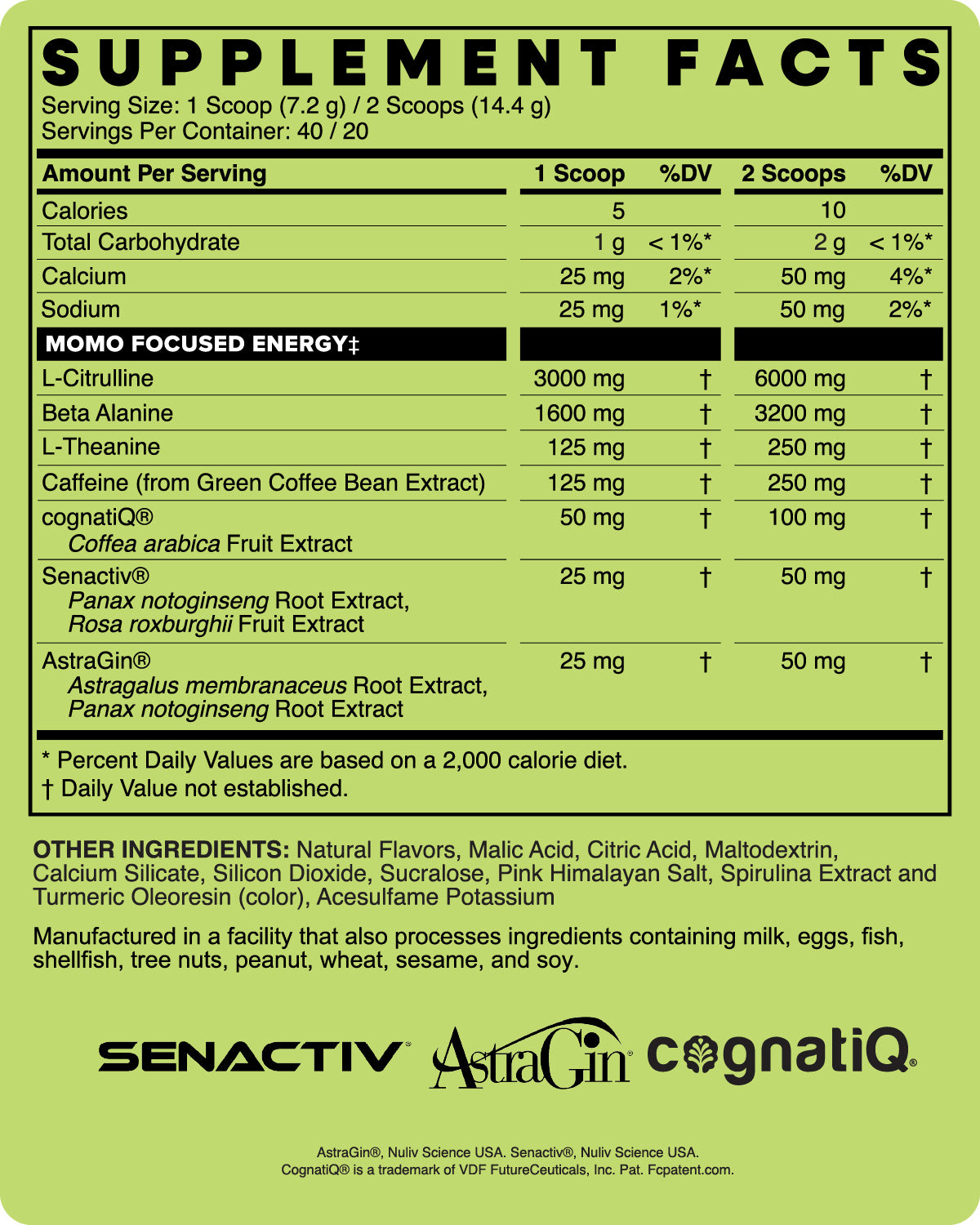 The Supplement Facts for MOMO Shine Muscat Flavored Pre-Workout. For those using a screen reader, details can be read from the "Transparent Formulation" expandable tab.
