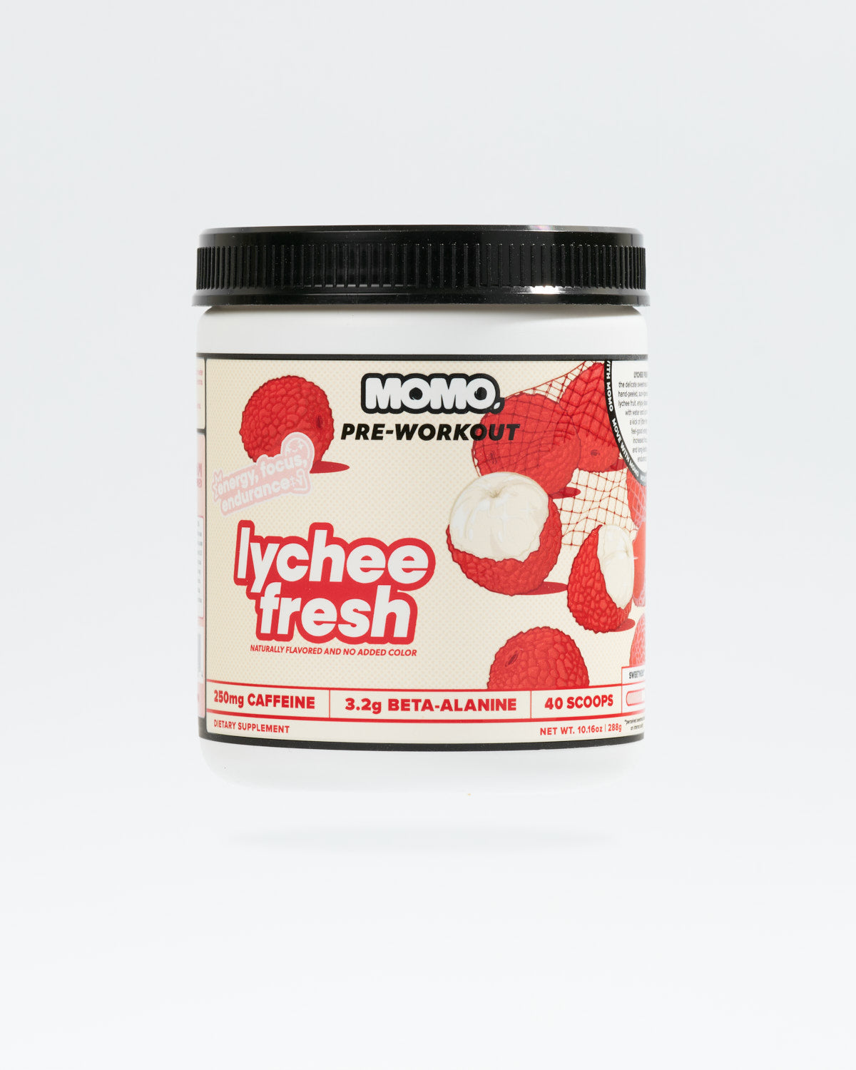 momo Pre-workout supplement container with lychee flavor on a white background