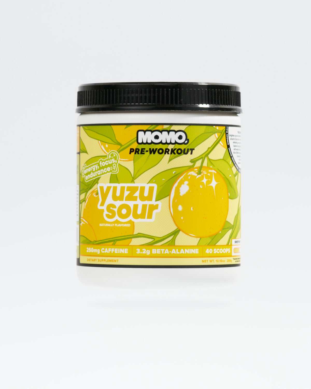 momo Pre-workout supplement container with yuzu sour flavor on a white background