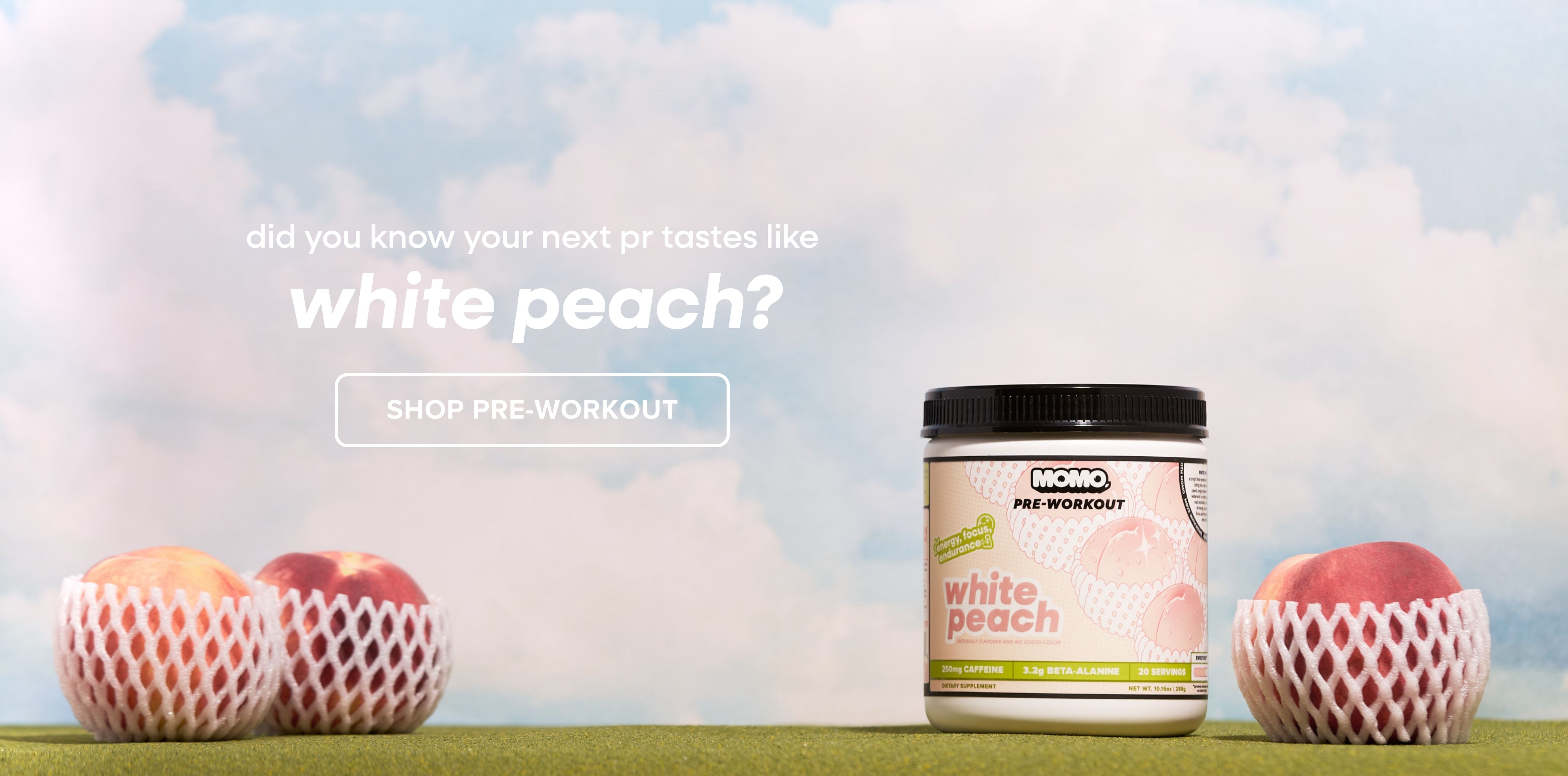 MOMO White Peach Pre-Workout surrounded by Japanese and Korean white peaches