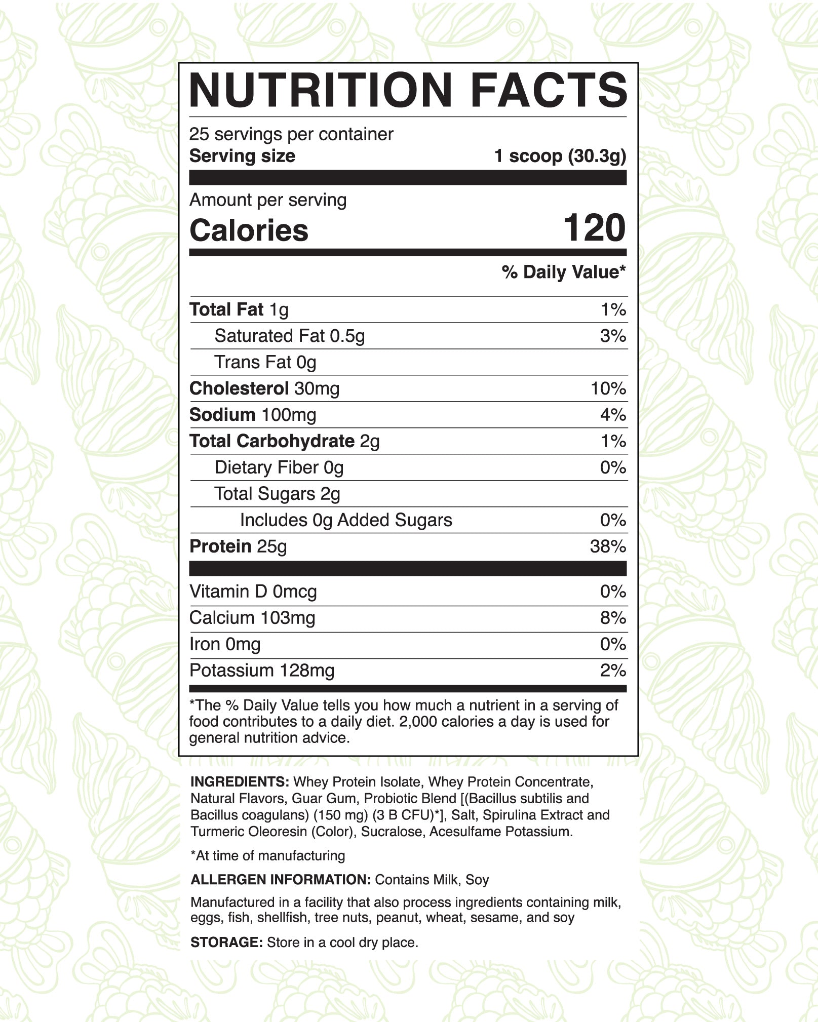 Nutrition Facts for MOMO Matcha Softserve flavored Whey Protein with added probiotics. 120 calories and 25 grams of protein per serving