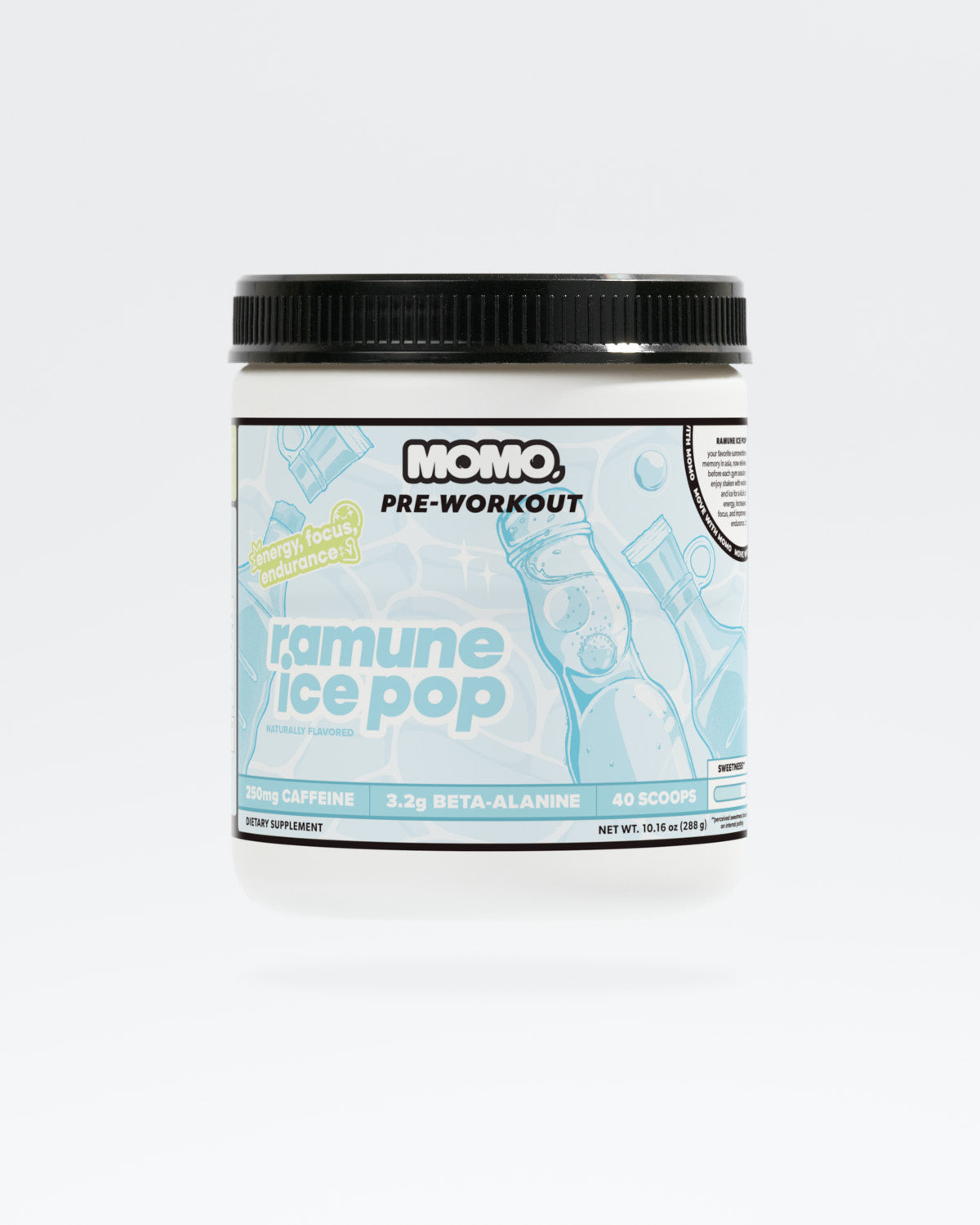 momo Pre-workout supplement container with ramune ice pop flavor on a white background