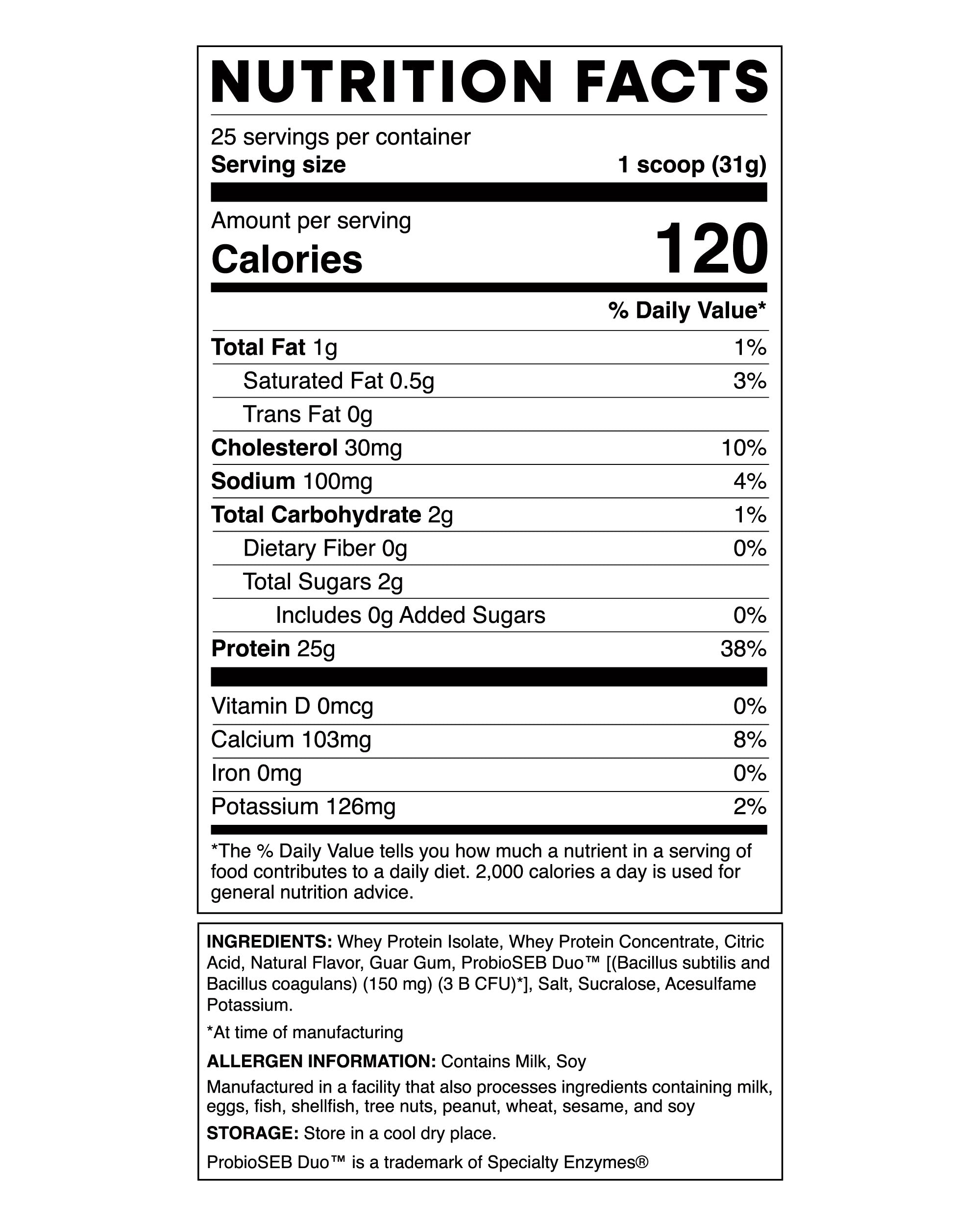 Nutrition Facts for MOMO Whey Protein. 120 calories, 25g protein, 2g carbs, 1g fat