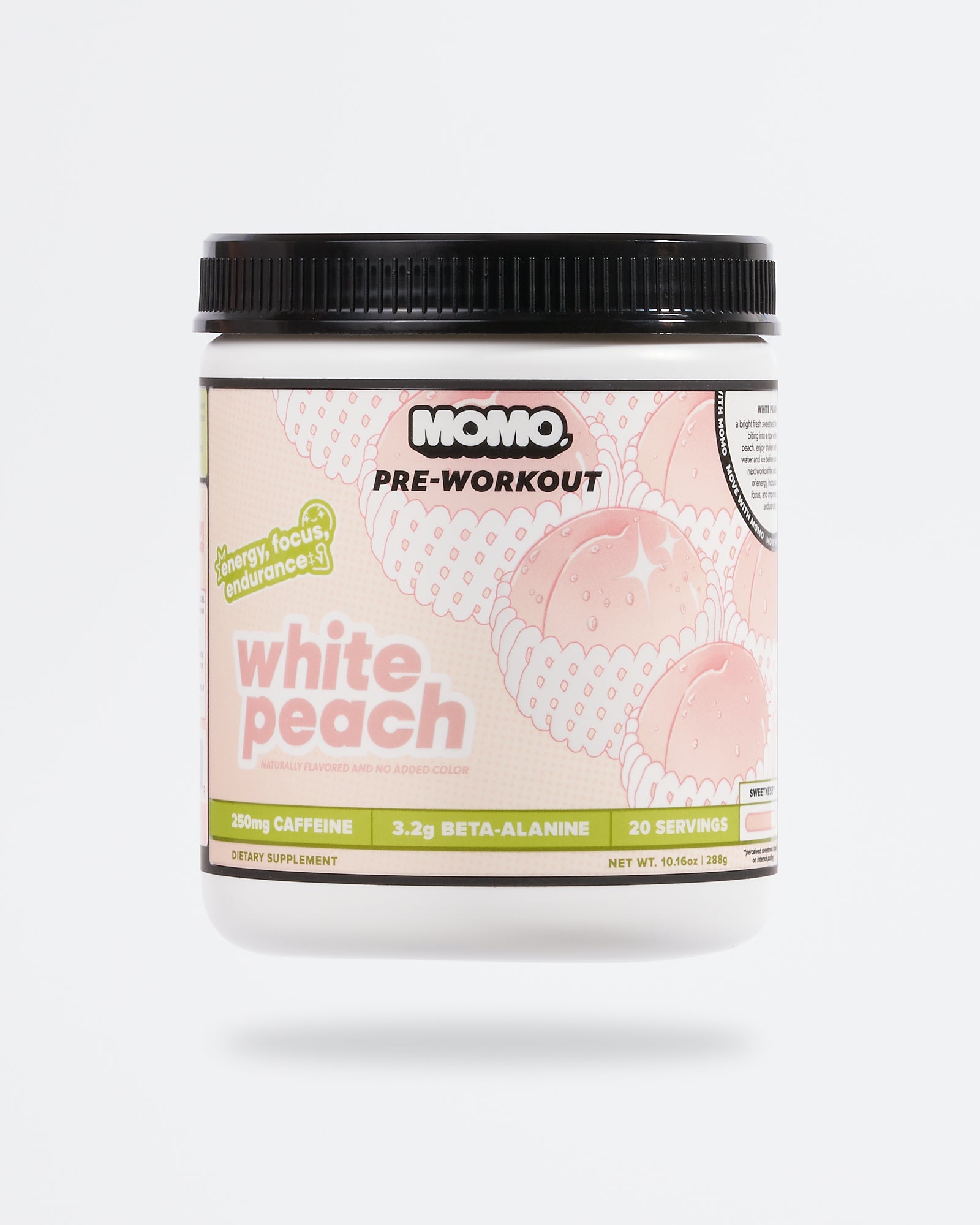 A bottle of MOMO Pre-Workout White Peach flavor