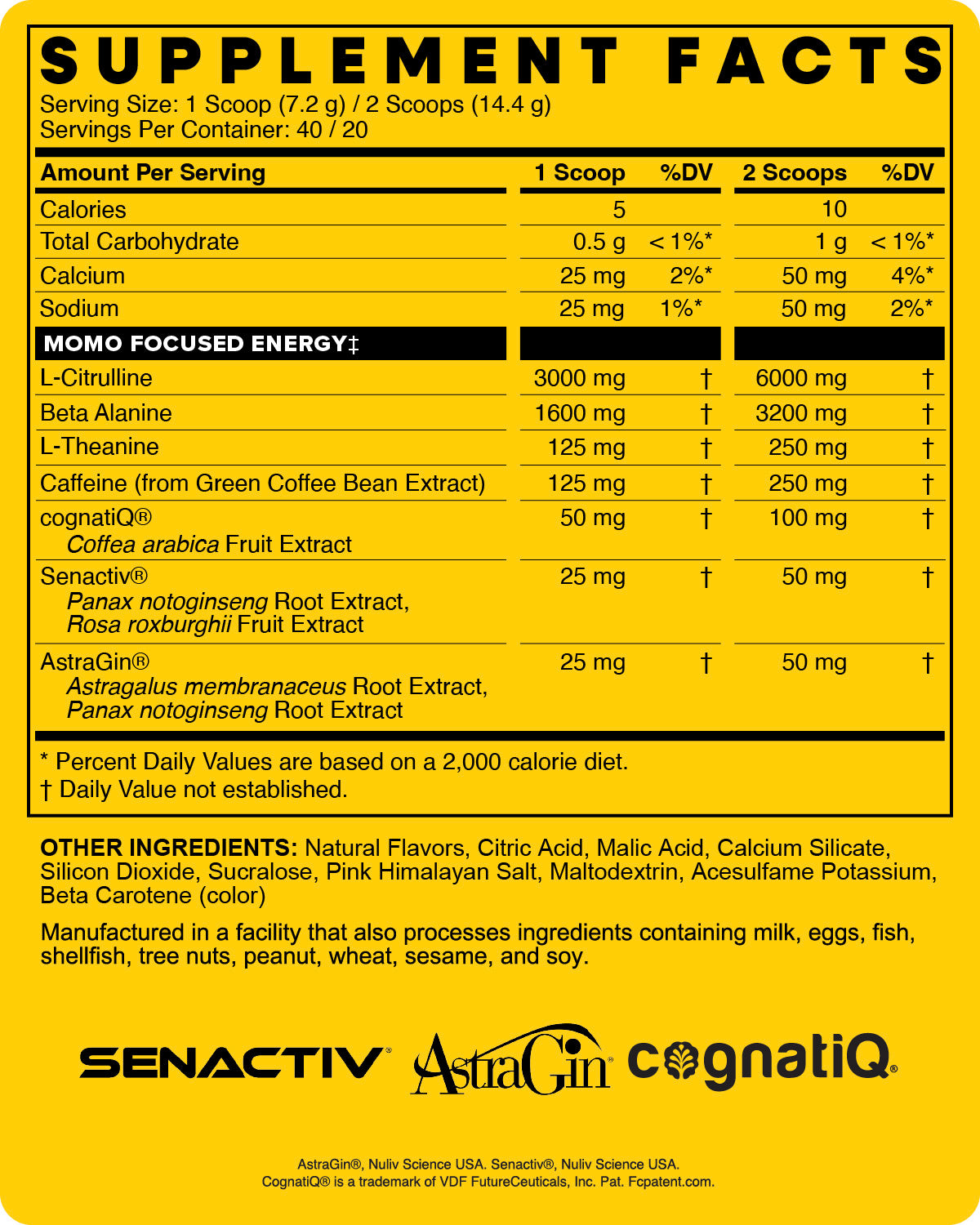The Supplement Facts for MOMO Yuzu Sour Flavored Pre-Workout. For those using a screen reader, details can be read from the "Transparent Formulation" expandable tab.