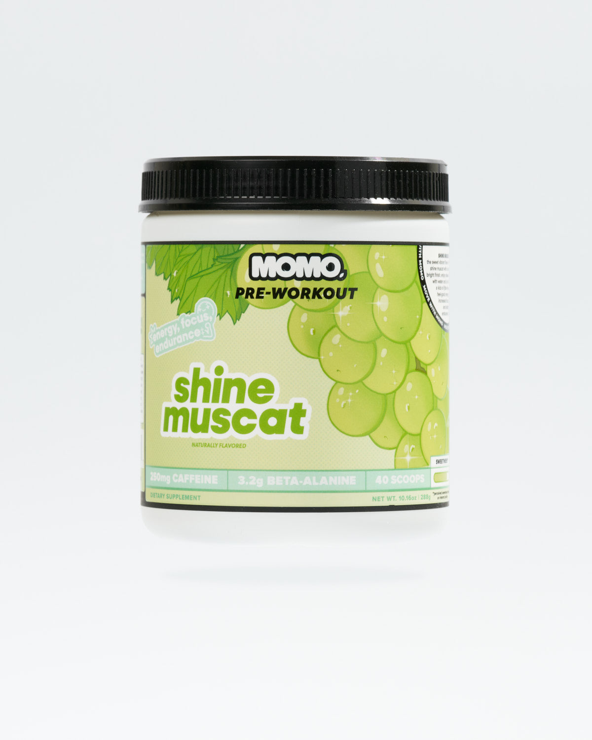 Pre-workout supplement container labeled 'Momo' with 'Shine Muscat' flavor on a white background